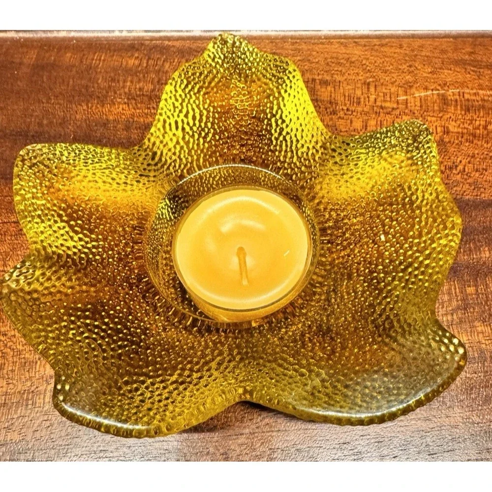 Amber Glass Leaf‎ Candle Holder MCM Style Textured Decor